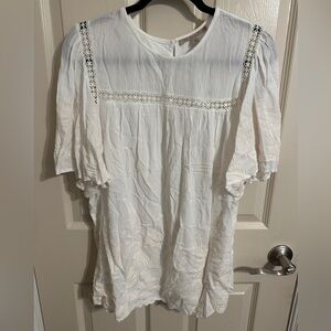 My Danielle Crochet Trim Boho Embroidered Hem & Flutter Sleeve Top, White, Sz L